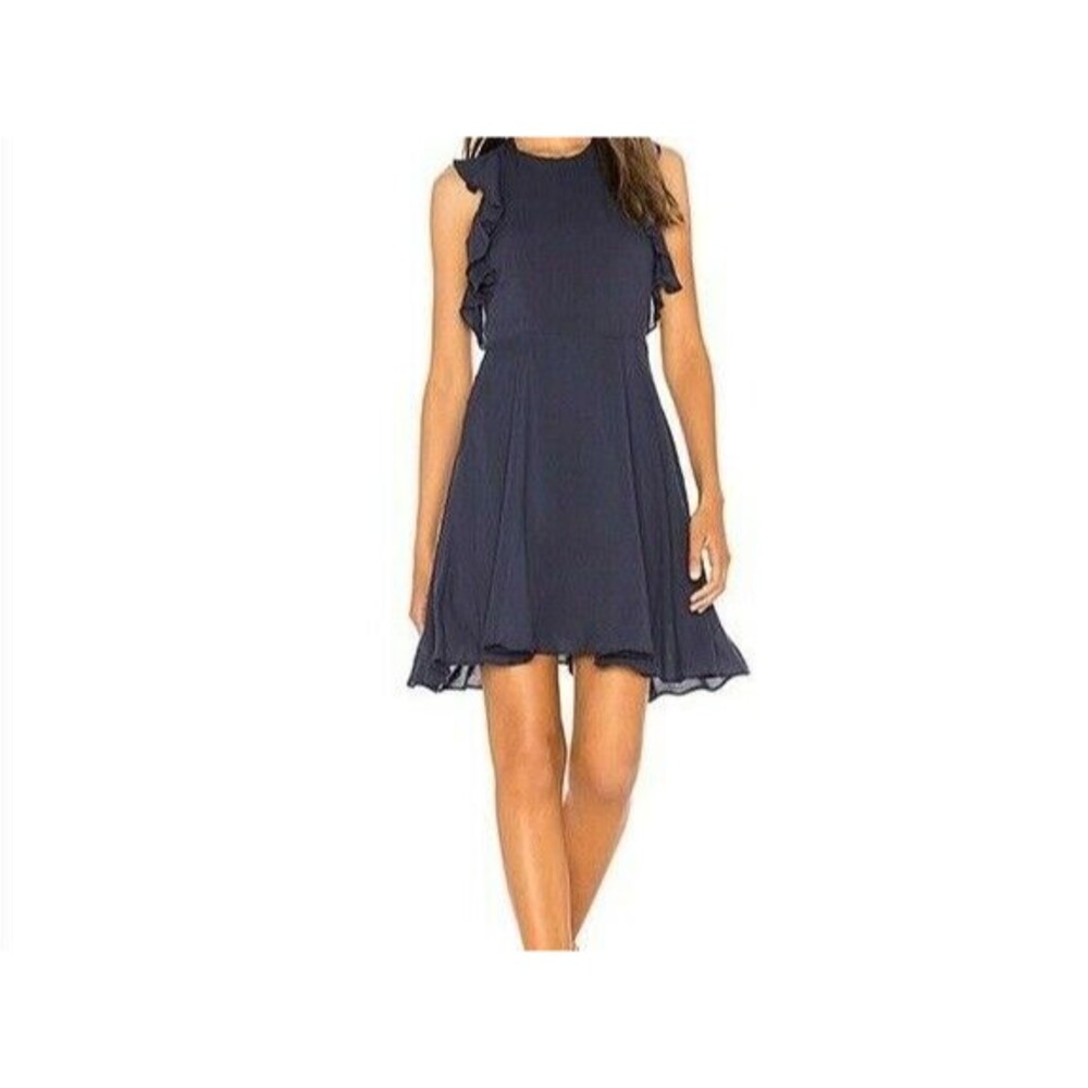 BB Dakota Samantha Ruffled Twill Fit & Flare Criss Cross Back Dress  sz 8 Blue